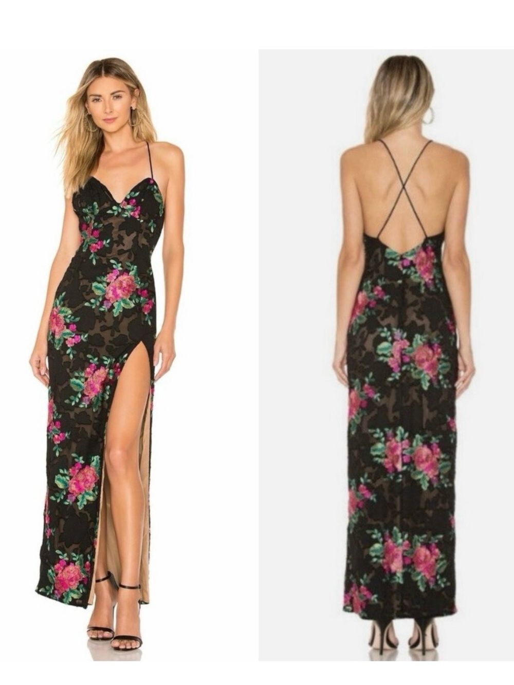 Michael Costello Black Maxi Dress with Pink Floral Print & High Slit